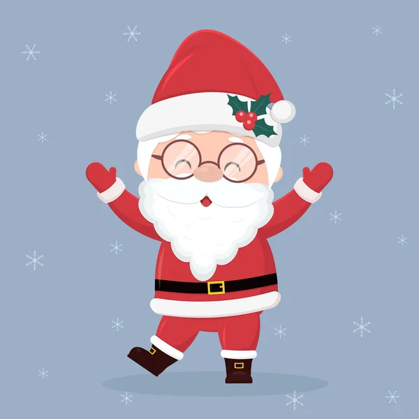 메리 크리스마스, 새해 복 많이 받으세요. 매혹적 인 산타 클로 오스 가 안경을 쓴 채 활짝 서서 손을 들었다. 밝은 배경 과 눈송이에 고립되어 있음. — 스톡 벡터