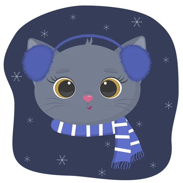 A cute kitten of the British breed is dressed in a hat and a scarf in winter. Against the background of the night sky and snowflakes. — Stock Vector