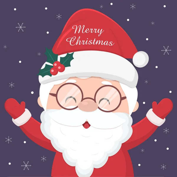 Feliz Navidad y Feliz Año Nuevo. Alegre Santa Claus en gafas, la inscripción en la tapa, sostiene sus manos hacia arriba. Aislado sobre un fondo del cielo nocturno y copos de nieve. — Vector de stock