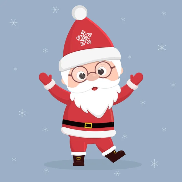 Feliz Navidad y Feliz Año Nuevo. Alegre Santa Claus en gafas se encuentra en pleno crecimiento y levantó las manos. Aislado sobre un fondo claro y copos de nieve. — Vector de stock