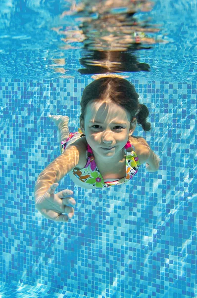 Happy smiling underwater child in swimming pool — Stock Photo, Image