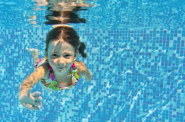 Happy smiling underwater child in swimming pool
