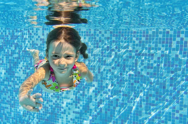 Feliz niño sonriente bajo el agua en la piscina Imagen De Stock