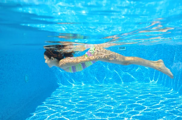 Счастливый активный ребенок плавает под водой в бассейне — стоковое фото