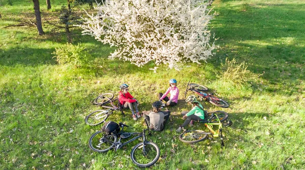 Jazda Rowerze Rodzinnym Wiosną Szczycie Góry Góry Szczęśliwi Rodzice Dziećmi — Zdjęcie stockowe