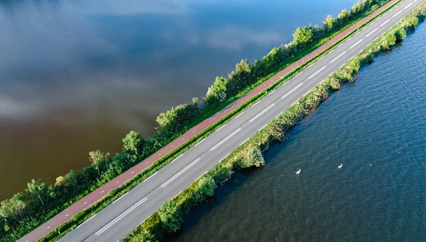 Vue Aérienne Par Drone Route Autoroutière Piste Cyclable Sur Barrage — Photo