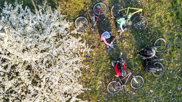 Spring Family Cycling Bikes Aerial Top View Happy Active Parents — Stock Photo, Image