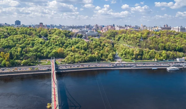 Kiev Stad Skyline Dnipro Rivier Antenne Drone Uitzicht Van Boven — Stockfoto