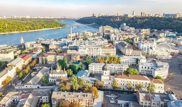 Kijev Városkép Légi Drón Kilátás Dnipro Folyó Belváros Podol Történelmi — Stock Fotó