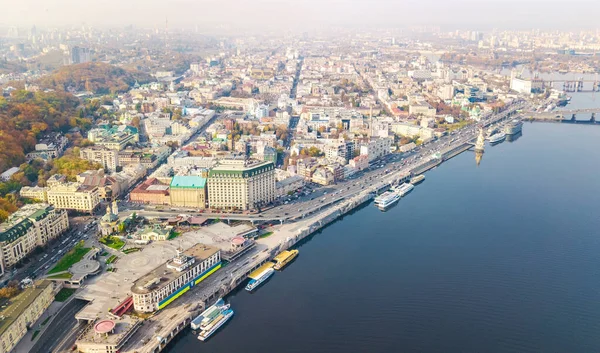 Kyiv Vista Aerea Paesaggio Urbano Drone Fiume Dnipro Centro Podol — Foto Stock