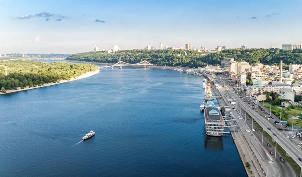 Kiev Stadsbild Antenn Drönare Utsikt Dnipro Floden Centrum Och Podol — Stockfoto