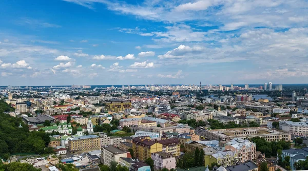 Kyjevská Cityscape Letecké Drone Pohled Dnipro Řeka Centrum Města Podol — Stock fotografie