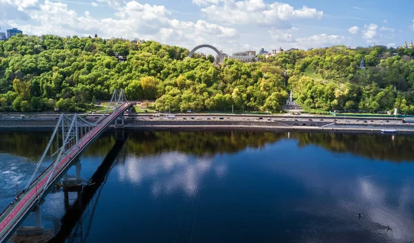 Kiev Stad Skyline Dnipro Rivier Antenne Drone Uitzicht Van Boven — Stockfoto
