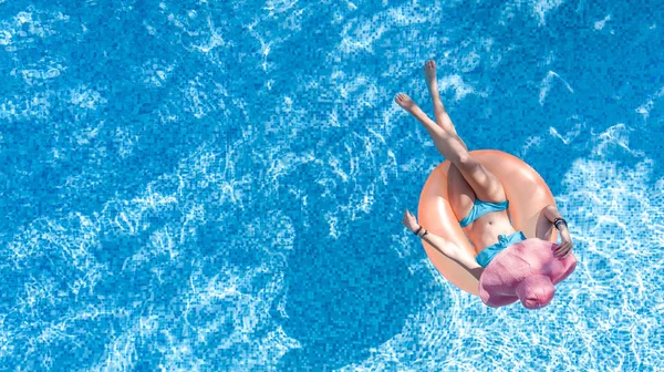 Beautiful Woman Hat Swimming Pool Aerial Top View Young Girl — Stock Photo, Image