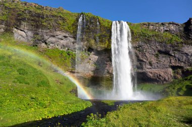 İzlanda 'da güzel Seljalandsfoss şelalesi ve gökkuşağı, İzlanda yaz doğası ve nehir manzarası