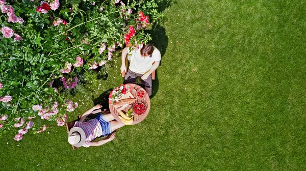 在浪漫的日子里 年轻夫妇在美丽的玫瑰花园里享用着食物和饮料 在空中俯瞰着男人和女人在公园外面一起吃喝的景象 — 图库照片