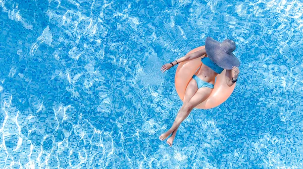 Active Young Girl Swimming Pool Aerial Drone View Teenager Relaxes Stock Photo