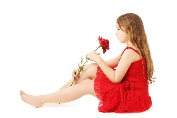 Pretty child girl with red rose — Stock Photo, Image