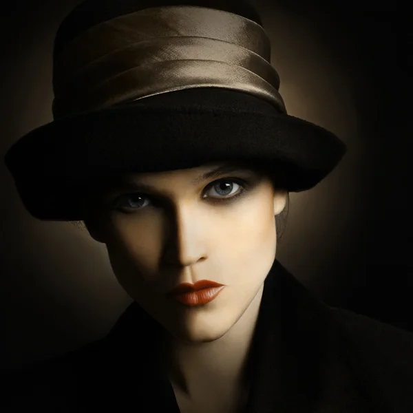 Retro woman in hat vintage portrait — Stock Photo, Image