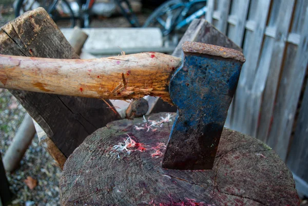 斧标驱风的木菜板上的一个屠夫 — 图库照片