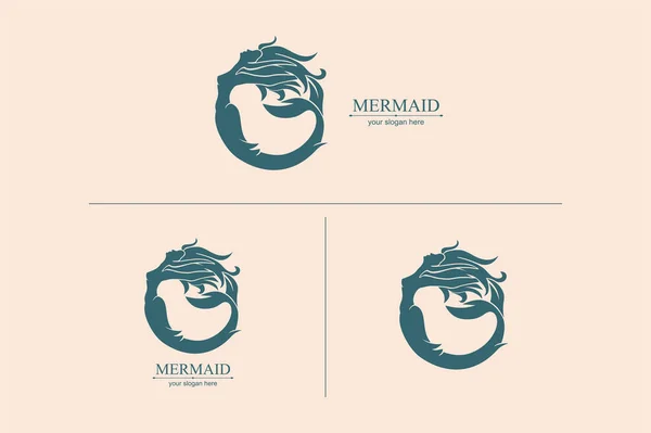 マーメイドのロゴ ブランドテンプレートベクトルイラスト サイレンと尾を持つ海洋少女 ロゴやポスターのためのヴィンテージ手描きベクトルイラスト — ストックベクタ