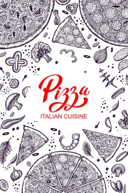 Pizza ve malzemeler. El yapımı pizzacı menü şablonu. İtalyan mutfak ürünleri seti. Vektör illüstrasyonu