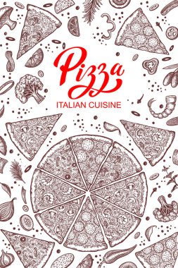 Pizza ve malzemeler. El yapımı pizzacı menü şablonu. İtalyan mutfak ürünleri seti. Vektör illüstrasyonu