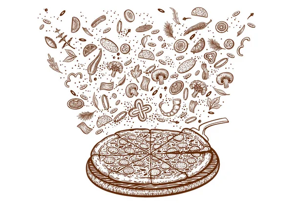 Pizza Ingredienti Modello Menu Pizzeria Disegnato Mano Set Prodotti Della — Vettoriale Stock