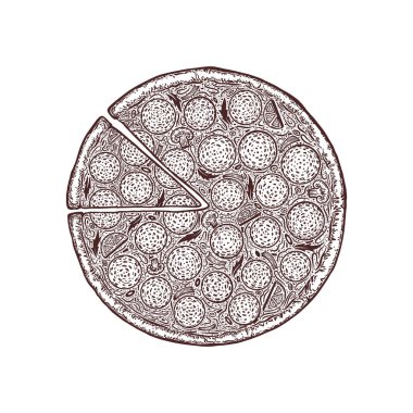 Pizza eliyle çizilmiş şablon. İtalyan yemek menüsü tasarım şablonu. El yapımı pizzacı menü şablonu. Vektör illüstrasyonu.