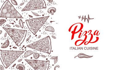 Pizza ve malzemeler. El yapımı pizzacı menü şablonu. İtalyan mutfak ürünleri seti. Vektör illüstrasyonu