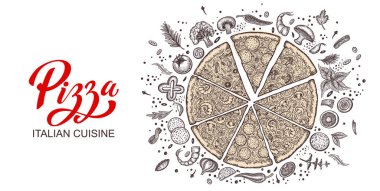 Pizza ve malzemeler. El yapımı pizzacı menü şablonu. İtalyan mutfak ürünleri seti. Vektör illüstrasyonu