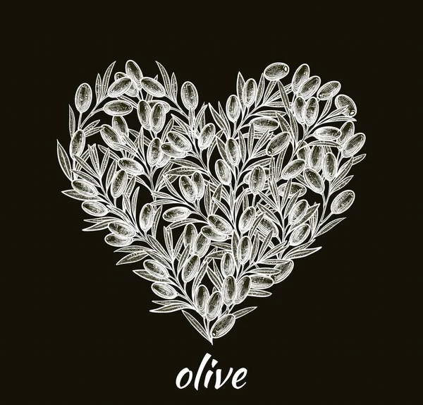 Оливки Форме Сердца Ручной Рисунок Оливкового Масла Вегетарианская Еда Этикетки — стоковый вектор