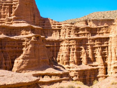 Kil kırmızı masallar. Kırgızistan 'daki Issyk-Kul bölgesi. Güzel dağ manzarası. Turizm ve seyahat