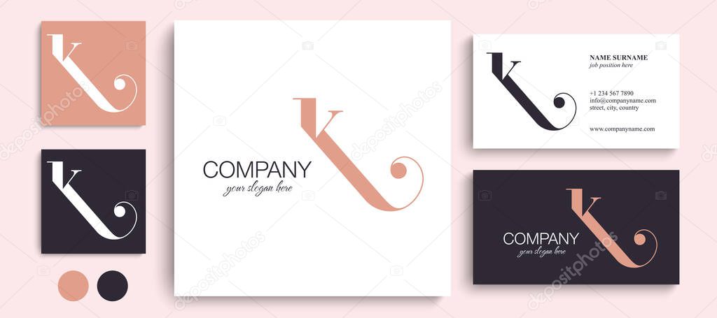 K letter monogram. Elegant luxury K logo. Calligraphic style. Corporate identity and personal logo. Vector design.