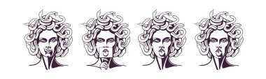Medusa gorgon logosu. Yılanlı bir kadının kafası. Koruyucu tılsım. Farklı yönler için logo.