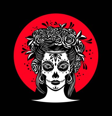 Calavera usulü logo. Dia de los muertos, Ölüler Günü bir Meksika tatilidir. Saçında çiçekler olan bir kız ve makyajlı bir kadın. Vektör illüstrasyonu