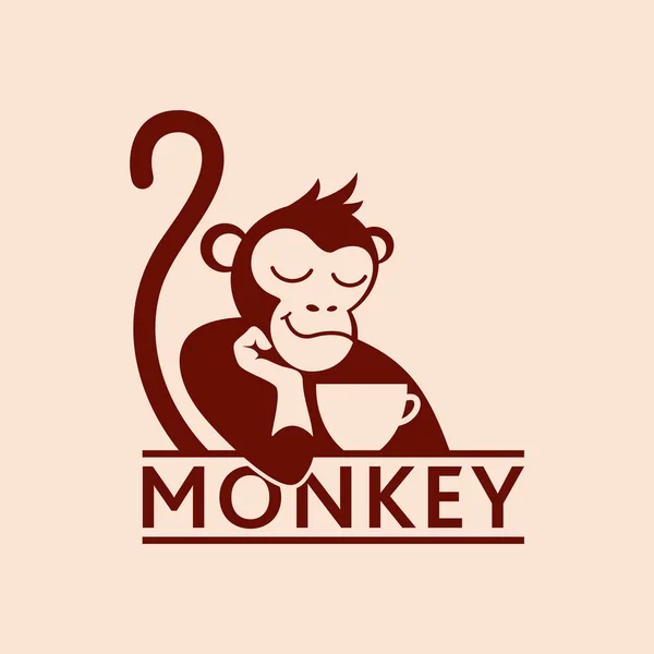 コーヒーや紅茶を入れたモンキー コーヒーショップやカフェのロゴやバッジ ベクトルイラスト 特別ロゴ — ストックベクタ