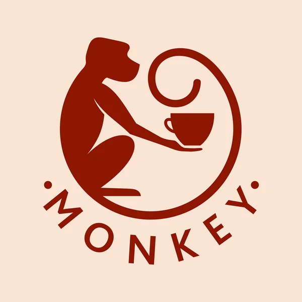 コーヒーや紅茶を入れたモンキー コーヒーショップやカフェのロゴやバッジ ベクトルイラスト 特別ロゴ — ストックベクタ