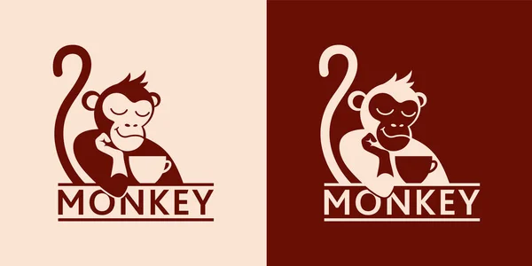Monkey Cup Coffee Tea Logo Badge Coffee Shops Cafes Vector — Stock Vector