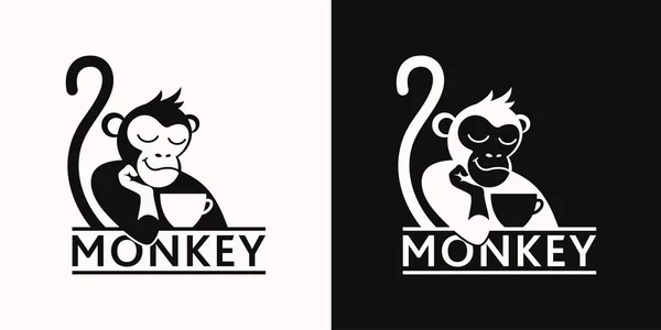 Monkey Cup Coffee Tea Logo Badge Coffee Shops Cafes Vector — Stock Vector