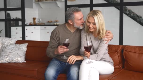 Mutlu orta yaşlı karı ve koca ellerinde şarap kadehleri ve evde sarılıyorlar. — Stok video