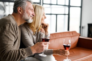 Romantik orta yaşlı çiftin şarap bardaklarıyla yan görüntüsü.