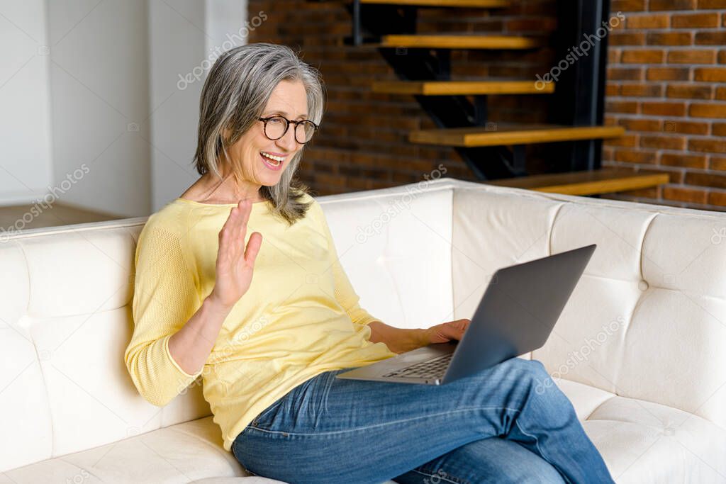 Cheerful confident senior woman using a laptop for video connection
