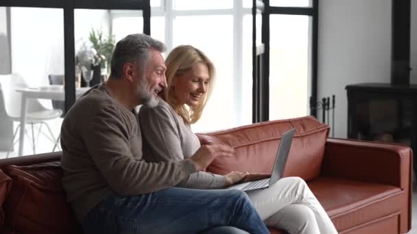 Casal de meia-idade está usando laptop para chamada de vídeo sentado em sofá confortável — Vídeo de Stock