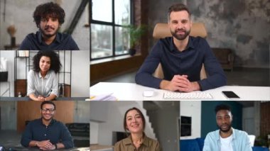 Mesafede sabah toplantısı. Çevrimiçi toplantıya liderlik eden yetenekli genç bir erkek yönetici
