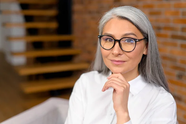 Retrato de una encantadora y elegante mujer madura de mediana edad, descansando la barbilla en una mano, sonriendo y mirando a la cámara. Señora de pelo gris mayor sentada en el apartamento moderno — Foto de Stock