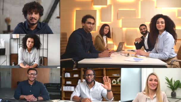 オンライン会議、多様な人々のビデオチャット。多人種従業員のグループとビデオ画面 — ストック動画