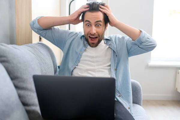 Crazy Happy Lucky Overjoyed Young Freelancer Student Staring Laptop Screen — Stock Photo, Image