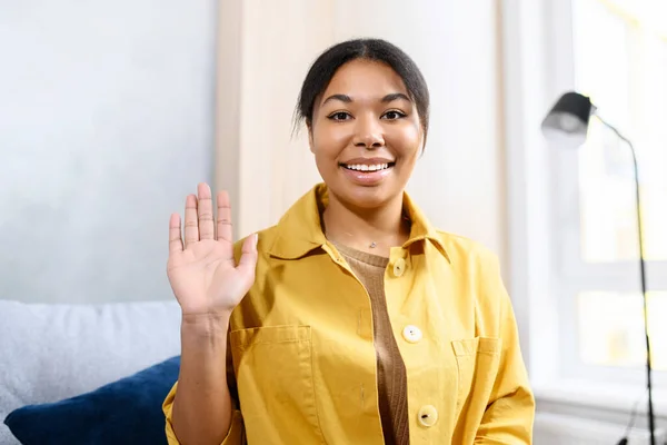 Video chat with happy African-American woman on the distance — 스톡 사진
