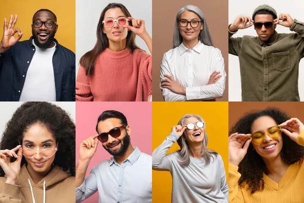 여러 인종으로 구성된 사람들이 서로 다른 안경을 쓰고 천연색 배경에서 만 선글라스를 쓰고 있다 — 스톡 사진